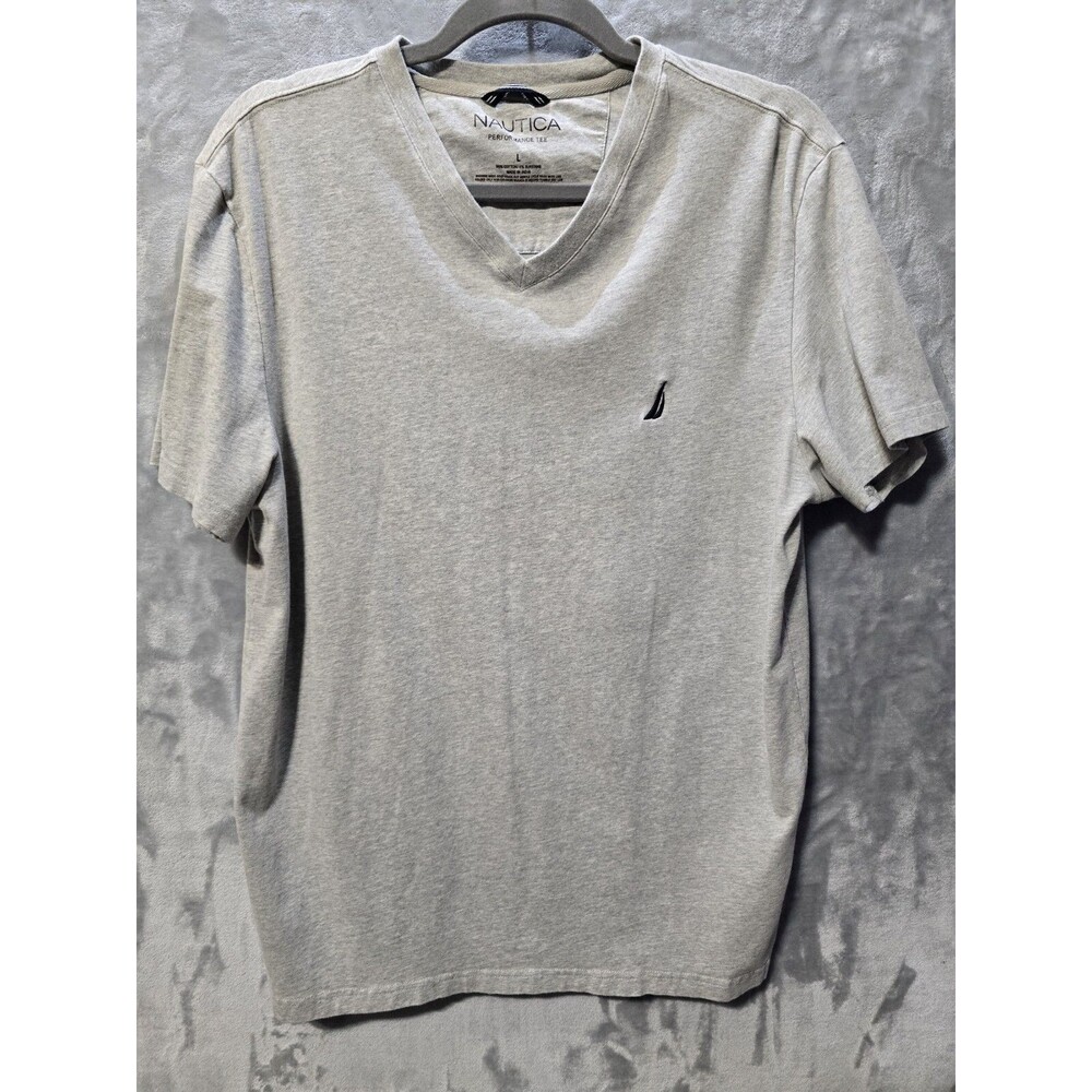 Nautica Performance T-Shirt Grey Heathered V Neck Logo Beach Outdoor Classic L